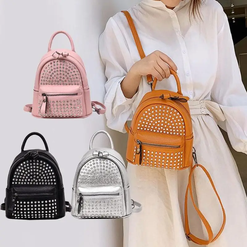 Rivet Rhinestone Backpack Women PU Leather Messenger Knapsack Fashion Girls Teen Schoolbags Travel Shoulder Bag Mini Back Pack