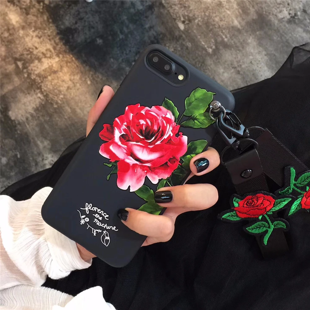 

Q UNCLE Korean 3D Red Rose Wrist Neck Strap Case for iPhone X 8 7 7plus Soft Pro-TPU Hipster Cover for iPhone 6 6Plus