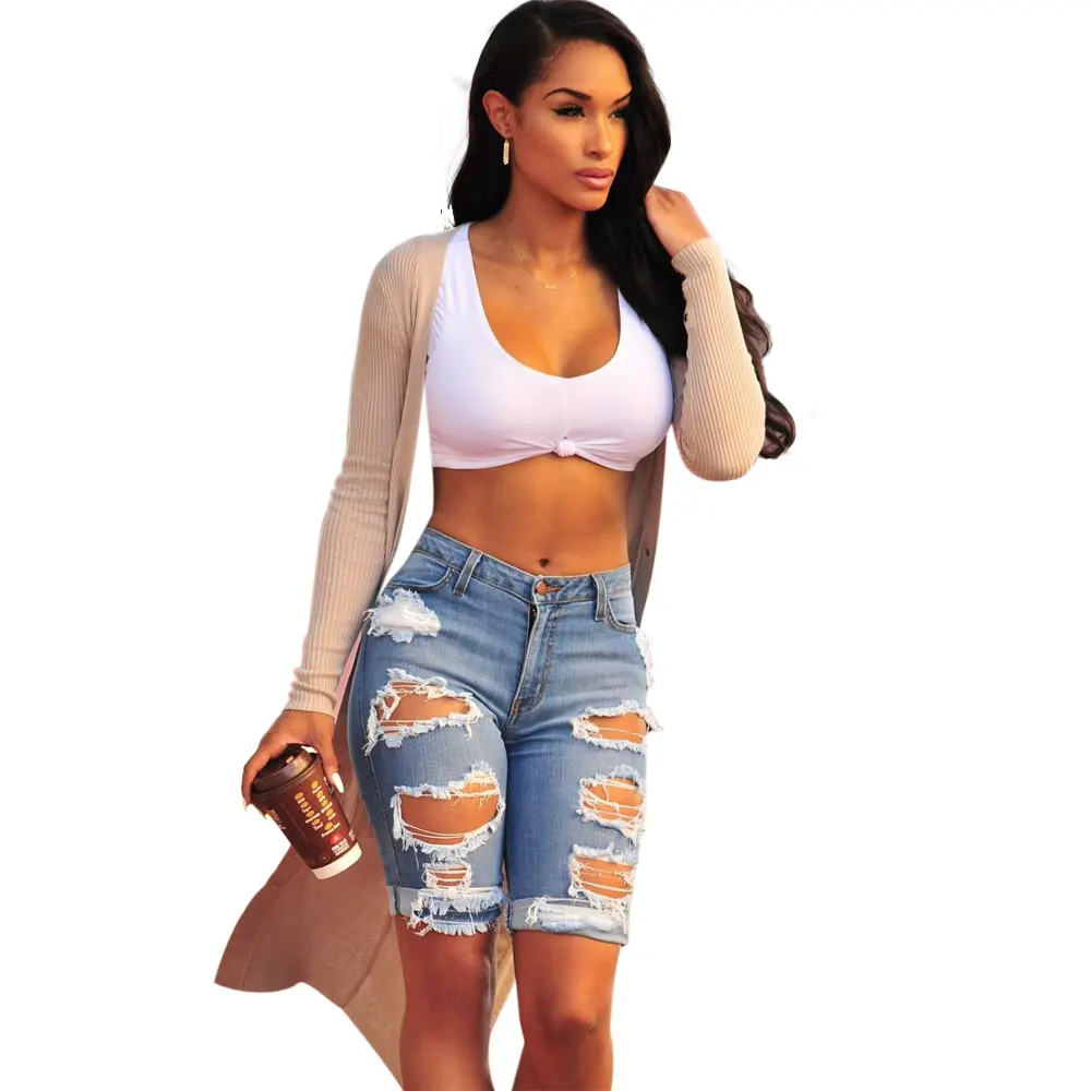 Wendywu New Design Hot Summer Mid Waist Blue Denim Bodycon Shorts with Holes for Women