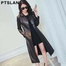 Ptslan Real Leather Jacket Women Spring Slim Genuine Outerwear Long Women Leather Trench Coat Female