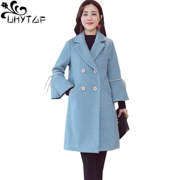 

UHYTGF New Double-breasted Slim Wool Jacket Women's Autumn Winter Windbreaker Outerwear High quality Plus size Woolen Jacket 948