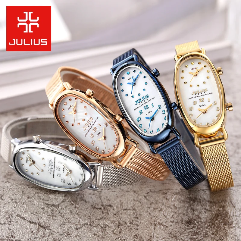 Kopen Dubbele Tijd Zone Shell Gemini vrouwen Horloge Japan Quartz Vrouw Uur Fijne Mode Jurk Armband meisje Verjaardagscadeau julius Doos