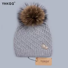YHKGG 2016 Осенние Зимние Шапки Двойных Звезд Украшения Леди Шапка Вязаная шерсть Крышка Реального Лисий Мех Енота Сплошной Gorros Лыжную Шапочку H006