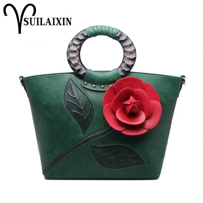 

Women Designer Leather Bucket Bags Large Ring Embroidery Embossing Printing retro Floral Handbag Luxury Tote Bag High quality
