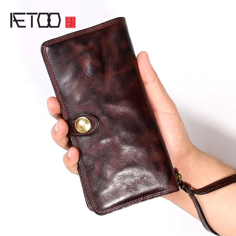 

Original retro multi-function full-layer leather long wallet folds multi-card buckle buckle leather wallet clutch