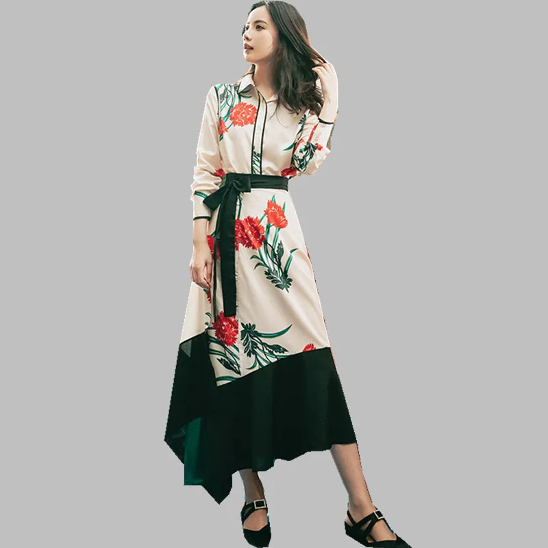 

HAMALIEL High Quality Spring Skirt Suits 2019 Runway Women Fashion Printed Floral Shirt Tops + Chiffon Bow Long Party Skirt Sets