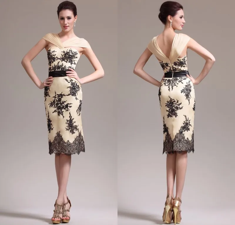 Elegant Black and Champagne Lace 2014 Prom Party Gown Short Dresses for Wedding Parties Evening Dress Knee Length Free Shipping | Свадьбы и
