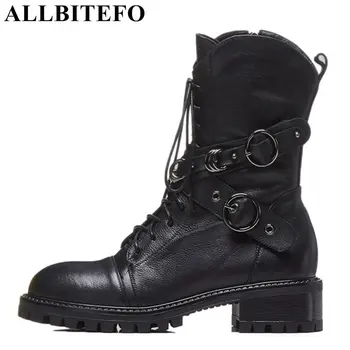 

ALLBITEFO brand natural genuine leather women ankle boots shoes Autumn Winter Medium height leather boots girls motorcycle boots