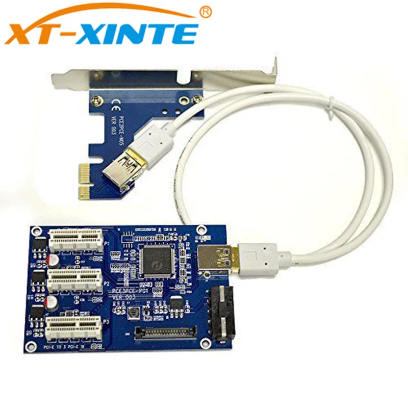 

PCIe 1 to 3 Riser Card PCI-E PCI-Express 1X Slot to 3 Port Switch Multiplier HUB Adapter with USB 3.0 Cable For BTC Miner Mining
