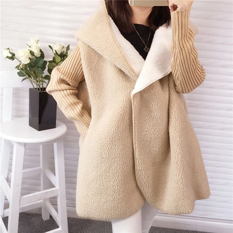 Women Fashion Sweater Cardigan Long Paragraph Lamb Hair Thick Loose Hooded Jacket Solid Color Winter Warm Wild Coat Best Gifts |