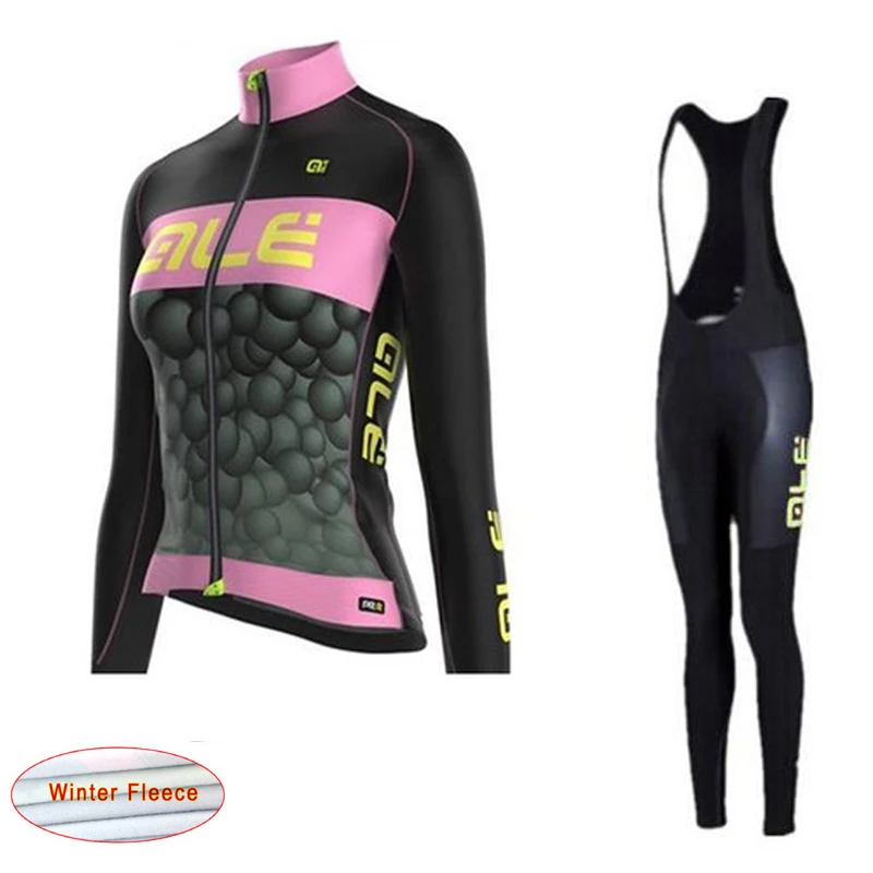 Woens Thermal Fleece Cycling Jersey Long Sleeve Bib Pants Set Cycling Pants P06