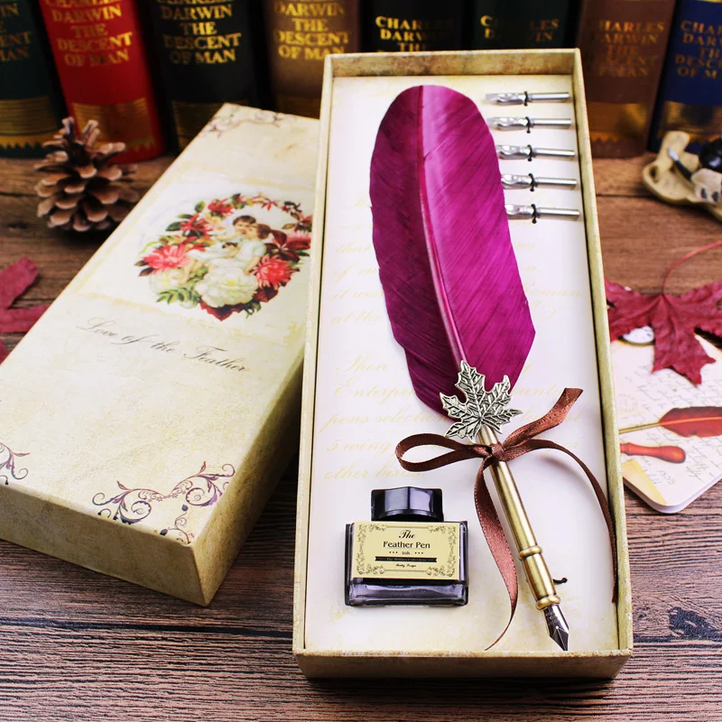 Antique Quill Turkey Feather Dip Pen Writing Ink Set ...