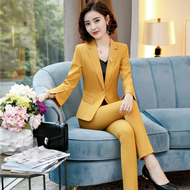 

2018 New Styles Spring Fall Long Sleeved ,Trumpet Sleeves Uniforms Styles Business Suits With Jackets and Pants For Ladies Sets