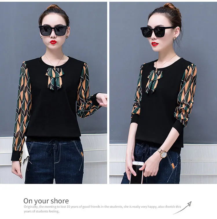 2019 Fall Patchwork Blouse Women Tops Plus Size Print Shirts Femme Tops Casual Ladies Shirts Bow Long Sleeve Blusas Mujer (10)