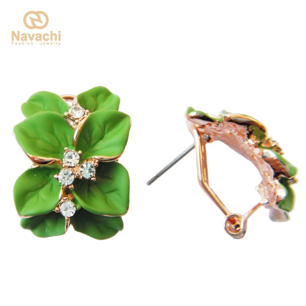 

Navachi Green Enamel Flower Leaves GP Rhinestone Crystal Buckle Clip-stand Earrings SMT2864