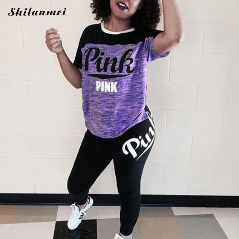 Pink Printing Women'S Outfits Short Sleeve T-Shirts And Long Pants 2 Piece  Set Fitness XL XXL XXXL Women'S Summer Tracksuit