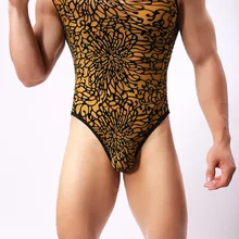 Бренд Howe Ray полупрозрачный рисунок хризантемы Флокирование мужское сексуальное нижнее белье Соединенные мужские комбинезоны