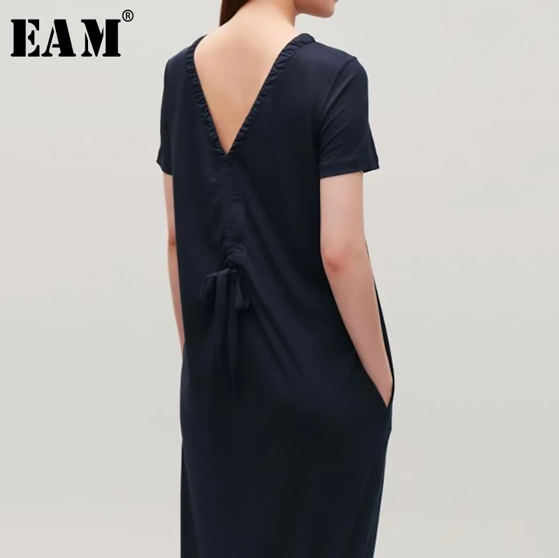 

[EAM] 2019 New Spring Summer Back V-Neck Short Sleeve Black Drawstring Loose Long Temperament Dress Women Fashion Tide JU862