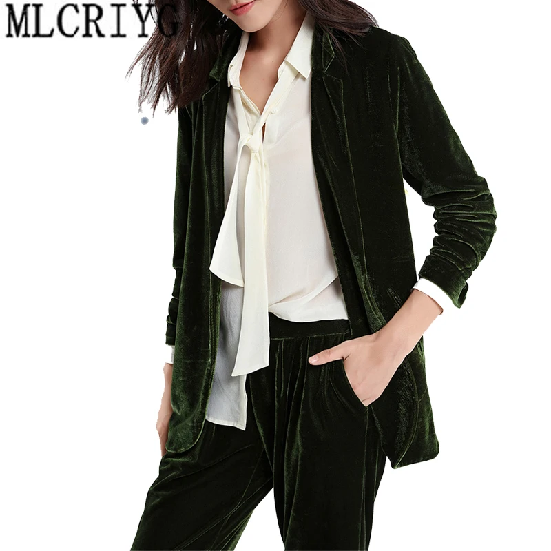 Spring Autumn Women Blazer 2019 Casual Long Gold Velvet