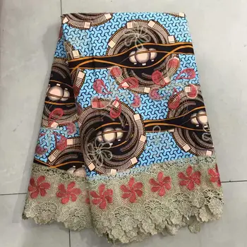 

2019 Latest Hollandais Wax With Lace High Quality Embroider African Wax Lace Fabric 100% Cotton Nigeria Guipure Wax Lace 6 Yards