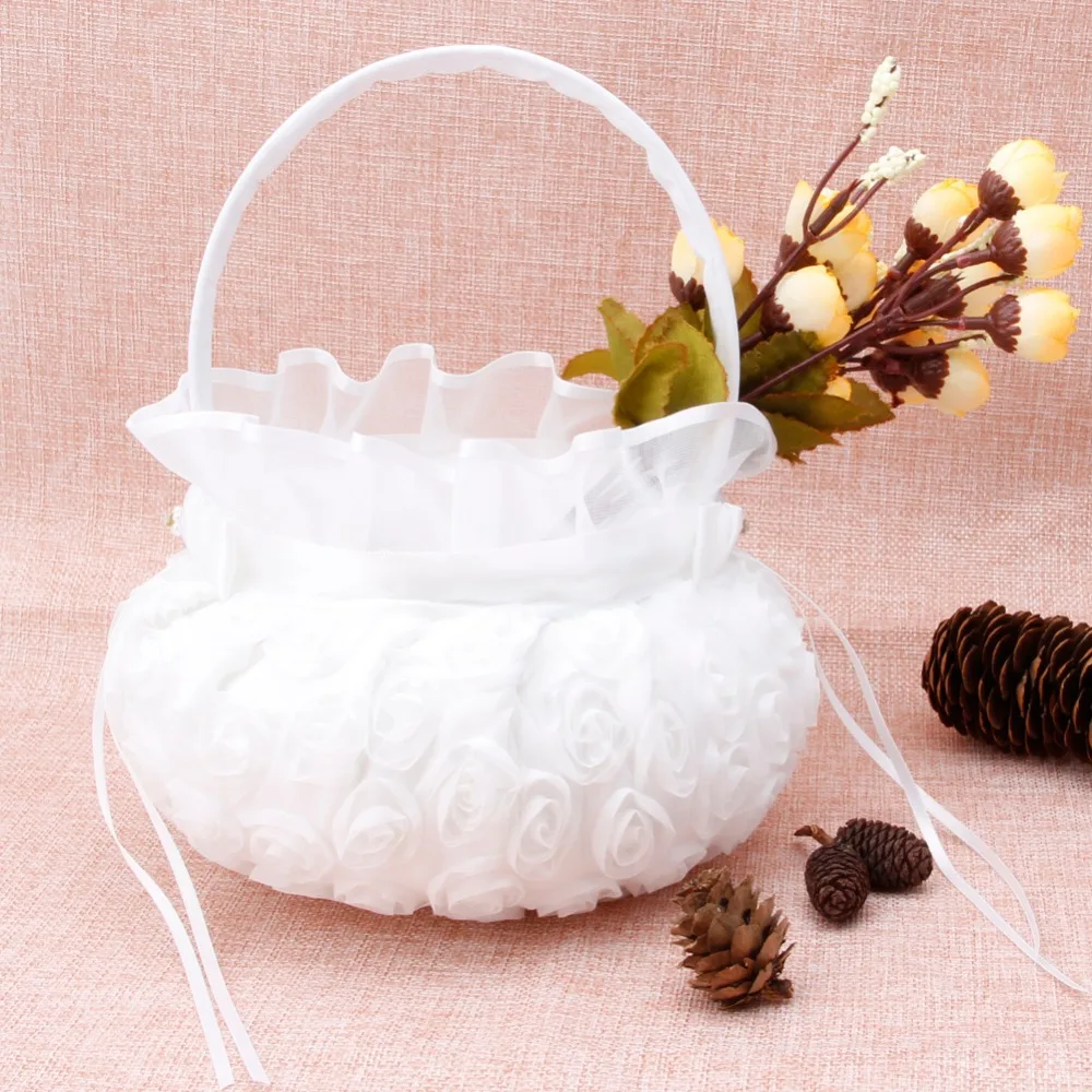 

Romantic Bowknot Burlap Satin Wedding Ceremony Party Rose Flower Girl Basket