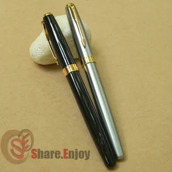 

2 PCS BAOER 388 BLACK VS SILVER MEDIUM NIB FOUNTAIN PEN GOLDEN TRIM