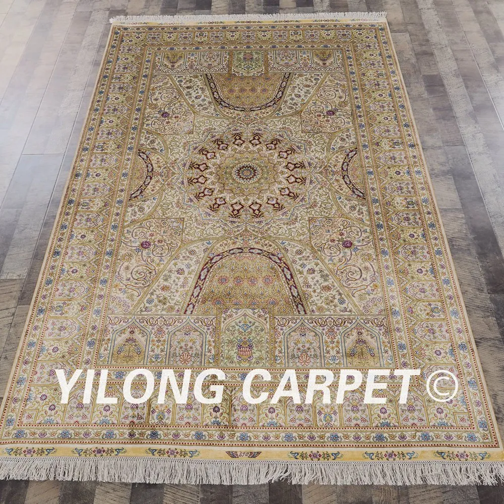 Yilong 5 'x 8' персидские коврики ручной работы с узлом бежевый турецкий шелковый