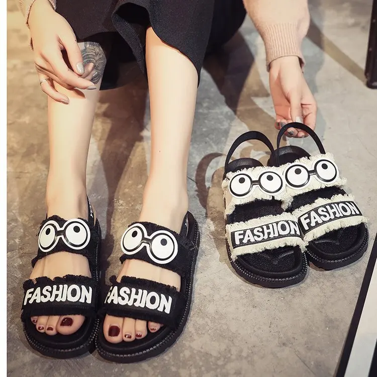Summer New Rocking Line Bottom Anti-slip Alphabet Hundred Women's Shoes Elastic Strap Sandals