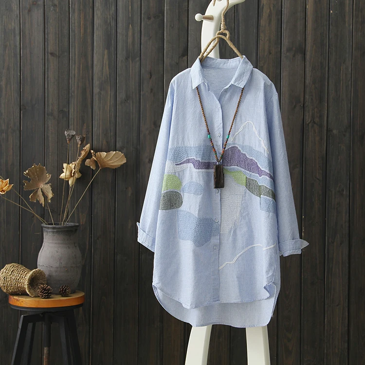 

YoYiKamomo Women Cotton Shirt Vintage 2018 Autumn Spring Thin Long Striped Shirt Long Sleeve Casual Fashion Korean Blouse