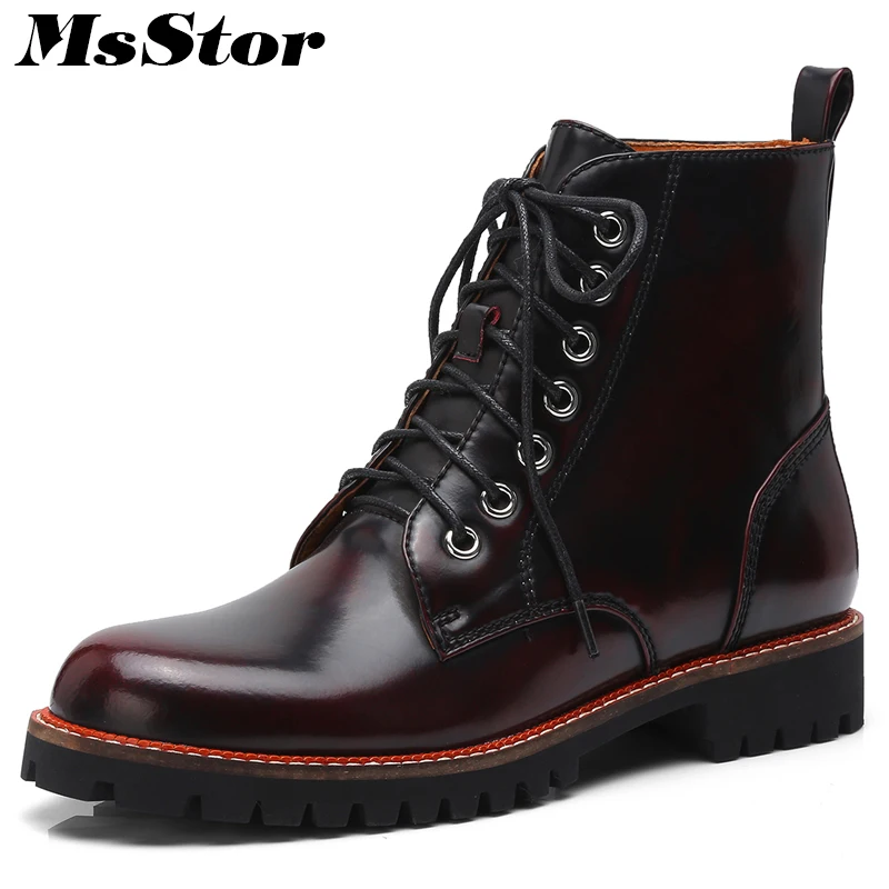 

MsStor Women Boots Fashion Cross Tied Lace Up Ankle Boots For Woman Round Toe Square heel Low Heel Martin Boot Shoes For Girl