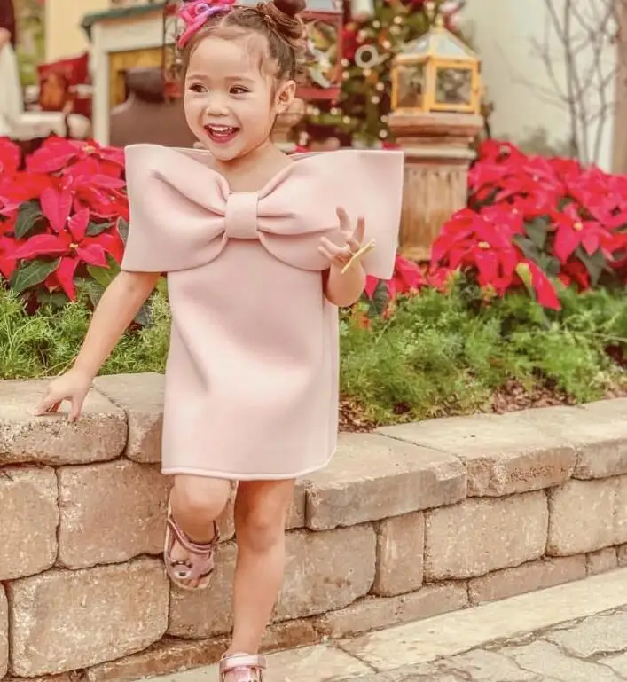 

2019 Sweet Popular Design Girls Dress Big Butterfly 3D Big BOW Wired Air Cotton Dress Sling Pink Princess Dress Bebes Clothes