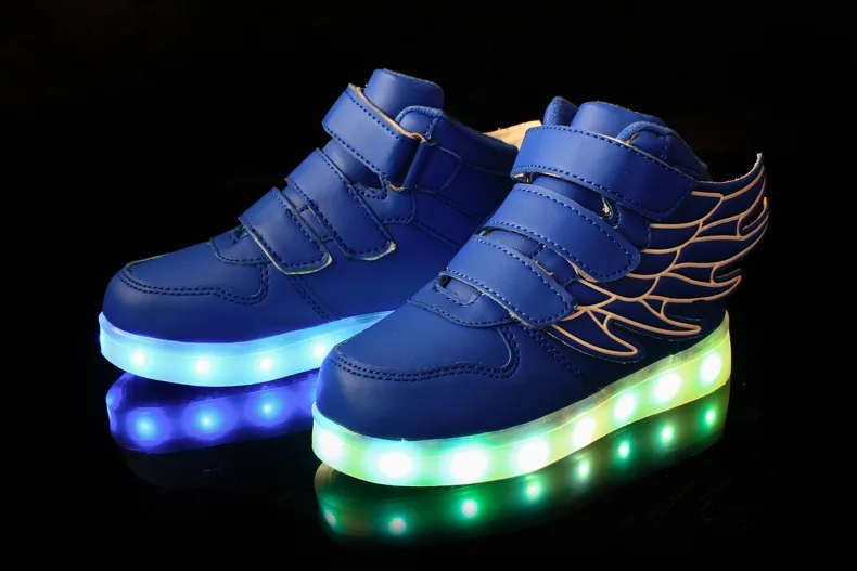 Обувь высокого качества 6 видов цветов детей светодиодные настольные лампы для маленьких мальчиков; модные туфли с крыльями обувь для детей девочек USB обувь с подсветкой
