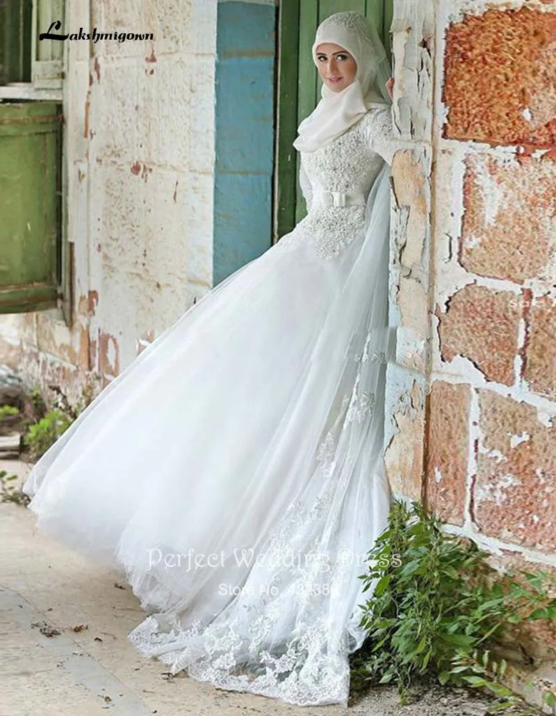 Мусульманское свадебное платье Благородный Белый Кот аппликация с длинным рукавом хиджаб Свадебное платье Исламская Арабское свадебное
