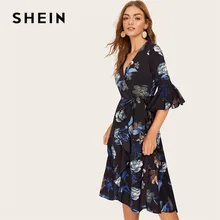 Шеин, бохо, v-образный вырез, с оборкой, половина рукава, с поясом, с запахом, Цветочное платье, женское, повседневное, с воланом, рукав, ТРАПЕЦИЕВИДНОЕ, летнее платье, Пляжное Платье