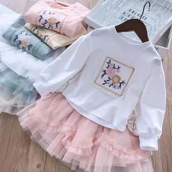 

Roimyal Wholesale 2019 spring 4 color 2-6 years old girl embroidered lace long sleeve shirt + solid color mesh skirt suit