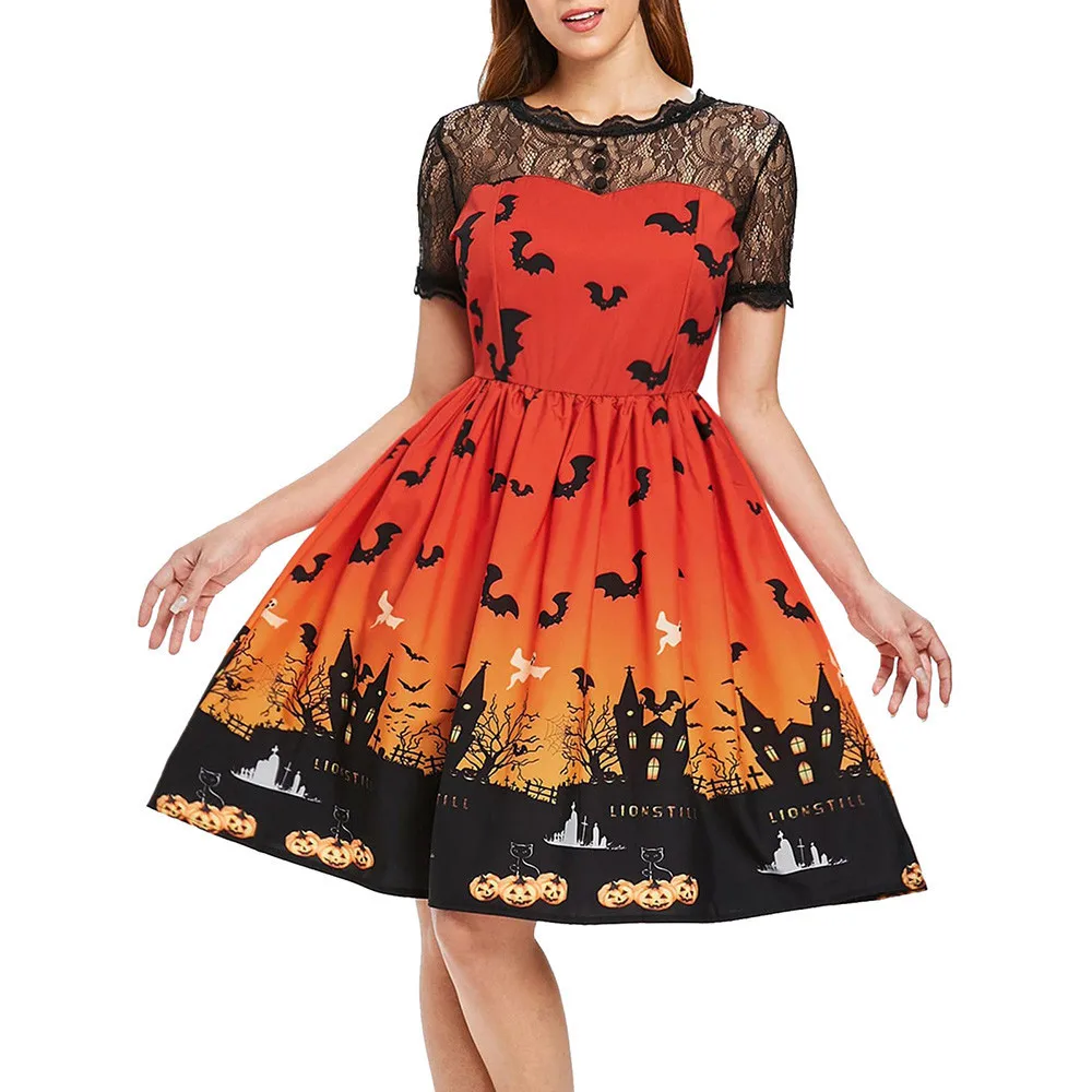 Halloween Print Lace Panel Vintage Dress Women Short Sleeve Dress A