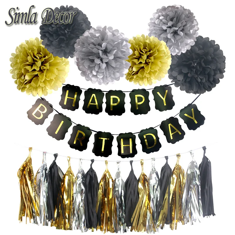 Party Decor Tissue Black Paper Foil Tassels Pom poms Baby Shower Boy Girl Happy Birthday Banner Kids Favors Supplies | Дом и сад