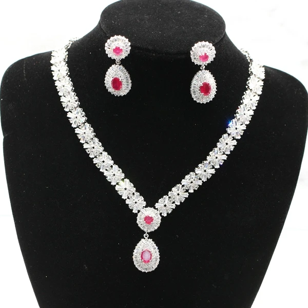 

GZJY Fashion Noble jewelry white gold color natural red zircon Austrian crystal necklace earrings set for women