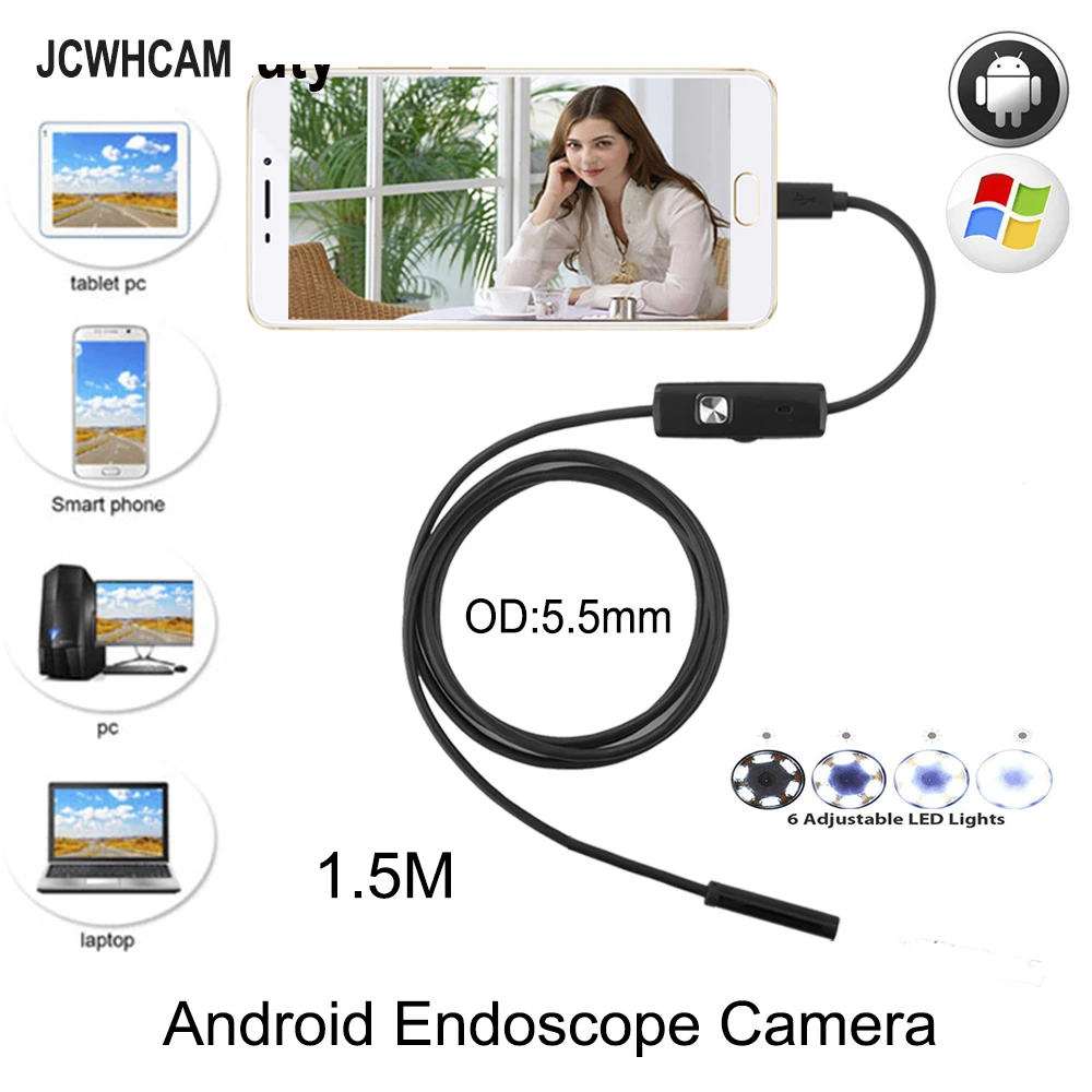 JCWHCAM 5.5mm 1.5M Cable Waterproof Endoscope Camera 6 LED OTG USB Android Borescope Inspection Underwater Fishing Car PCB