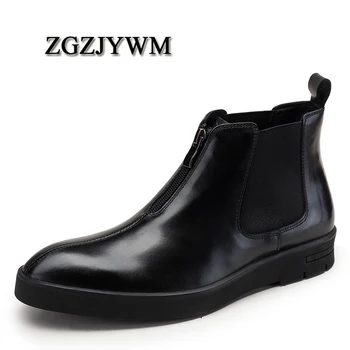

ZGZJYWM New British Style Genuine Leather Elastic Band Patchwork Martin Man's England Vantage Motorcycle High-top Boots With Zip