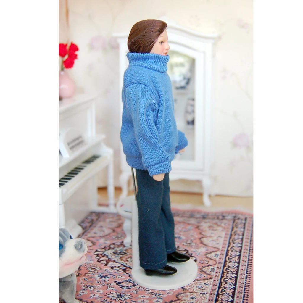 1/12 Scale Dollhouse Miniature People Figure Young Man Display Stand Blue Doll with bracket