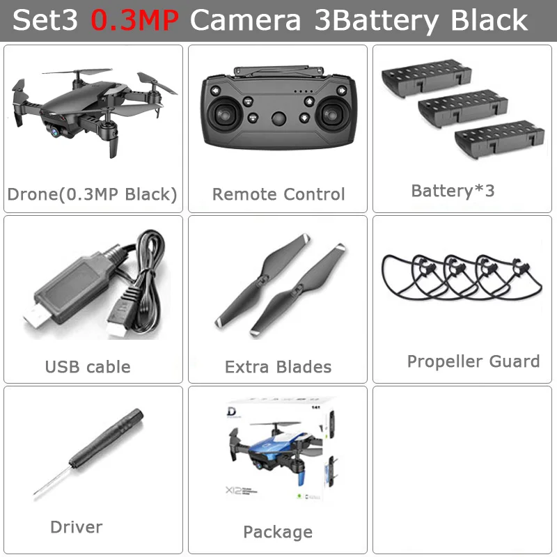 X12 Радиоуправляемый Дрон с 0.3MP/2MP широкоугольной камерой Wi-Fi FPV Радиоуправляемый Дрон один ключ возврат высоты RC Квадрокоптер VS XS809S XS809HW - Цвет: Set3 0.3MP 3B Black