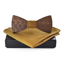 Mantieqingway New Wood Bowtie Handkerchief Sets for Mens Suit Wooden Bow Tie Shirt Bowknots Wedding Party Pocket Square Bow Tie