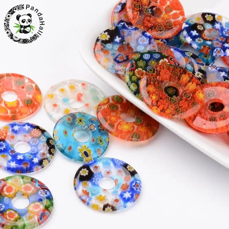 

Donut Handmade Millefiori Glass Pendants Flower Big Charms Mixed Color 20~25x2~4mm, Hole: 6mm