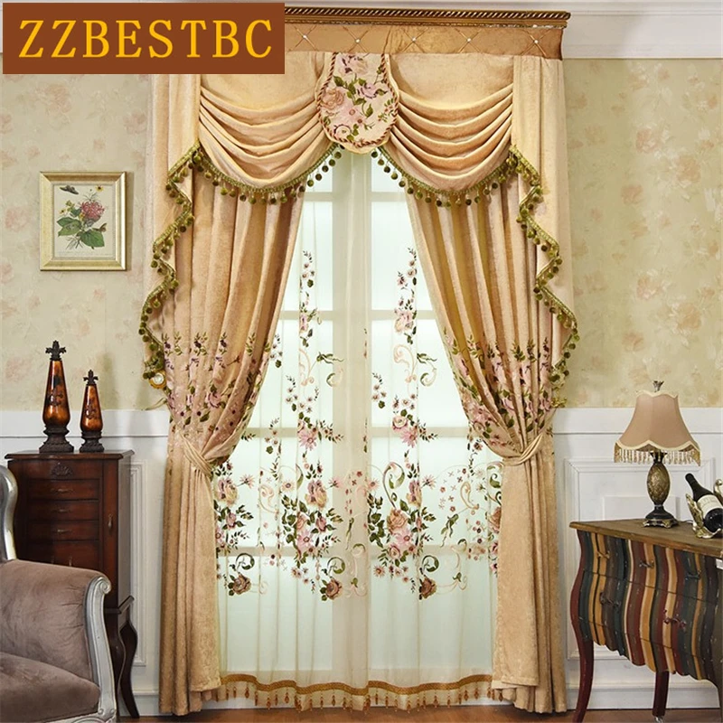 High quality European luxury villa embroidered living room curtains beige modern fashion high