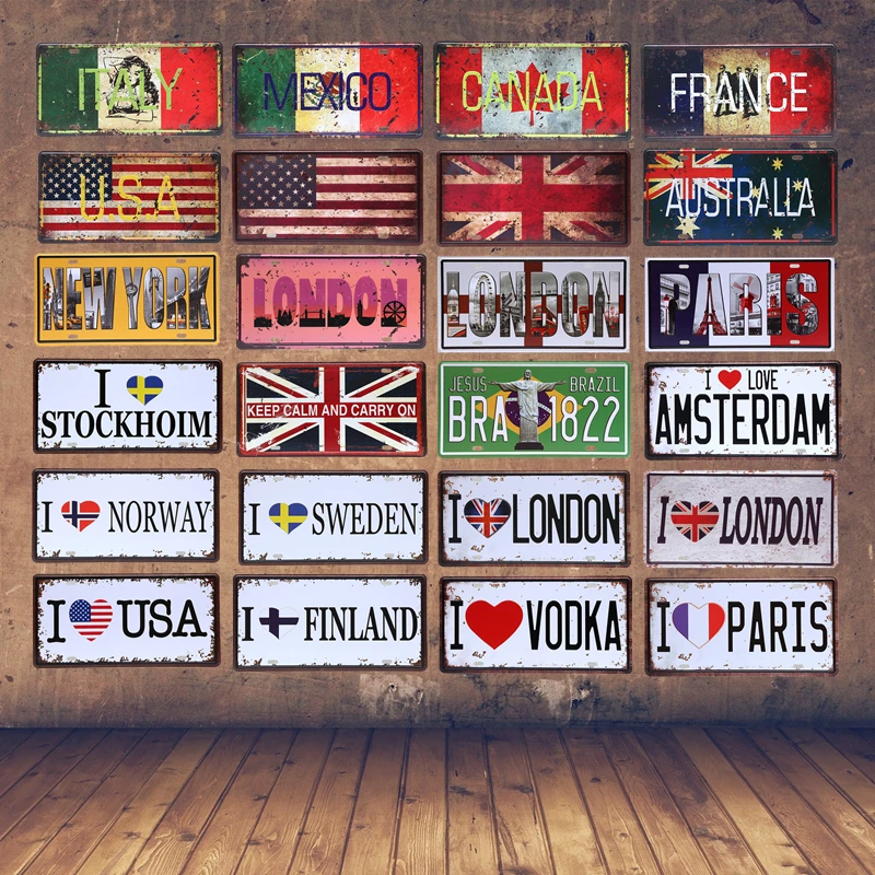 Национальный флаг, автомобильный номерной знак, Франция, Австралия, Лондон, Бразилия, винтажный оловянный знак, Италия, Мексика, Канада, настенный художественный металлический плакат