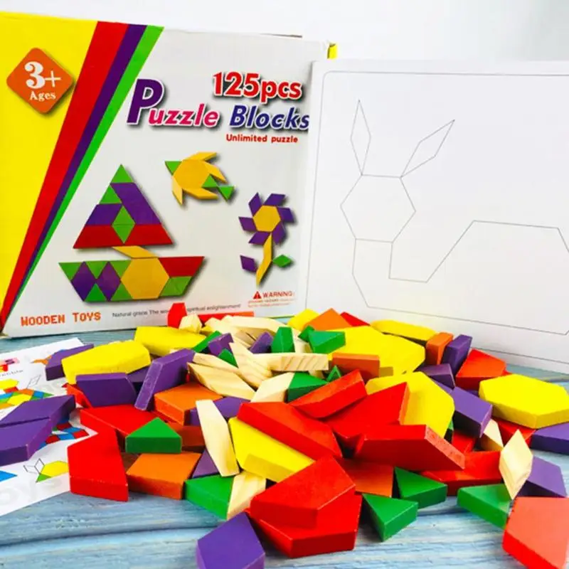 Деревянная головоломка в форме танграммы, детская геометрическая форма, игра-головоломка с рисунками для строительства, детские игрушки