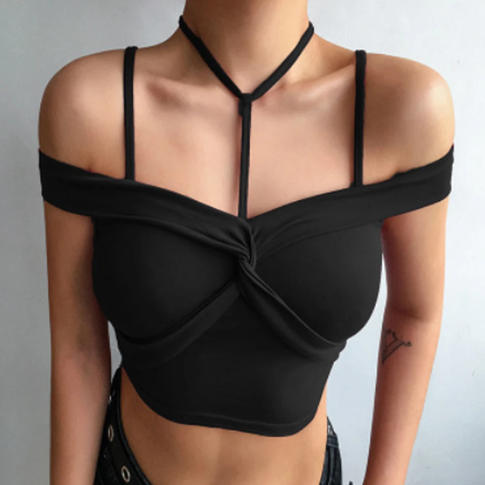 

Women Summer Top Ladies Casual Sleeveless T Shirt Bandage Halter Tops T-Shirts Slim Fit Off Shoulder Short T Shirt For Women