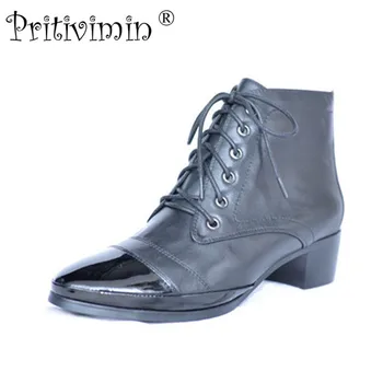 

2018 winter ladies warm plush lining short ankle boots women cow patent leather thick low heel pointed toe shoes Pritivimin FN5
