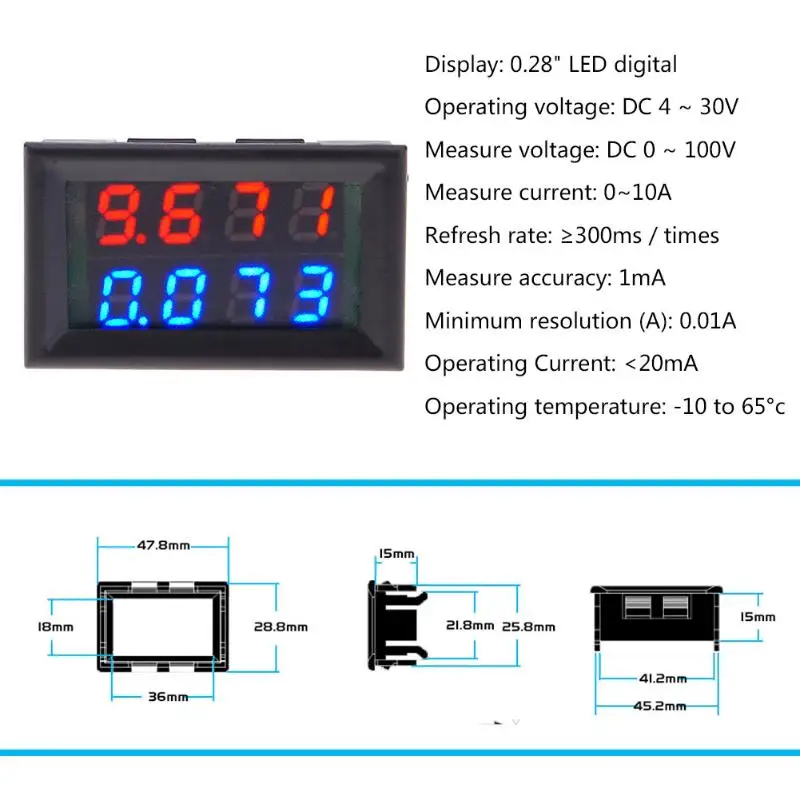 0,28 дюймов светодиодный цифровой вольтметр Амперметр 2 провода постоянного тока 0-100 в 0-10A четыре цифры напряжение измеритель тока ампер Панель метр